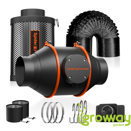 Spider Farmer 100mm 4 Inline Fan Kit 205CFM s uhlíkovým filtrem a regulací otáček